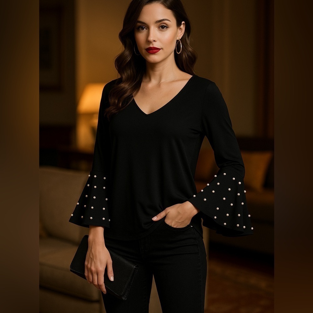 Elegant Black Pearl Bell Sleeve Tunic Blouse Keyhole Back Roz & Ali Large